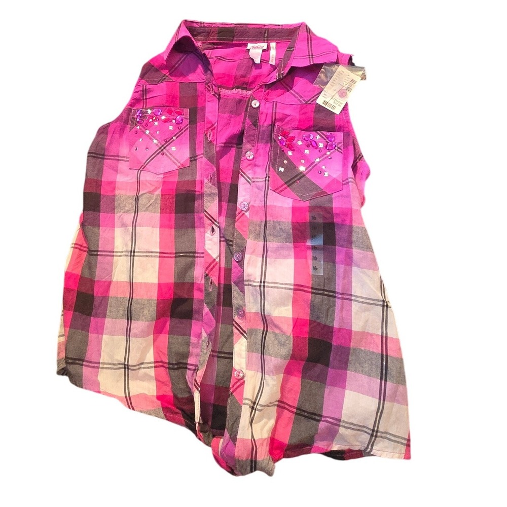 Justice Girls Size 16 Pink Plaid‎ Sleeveless Button Down Shirt Top NWT